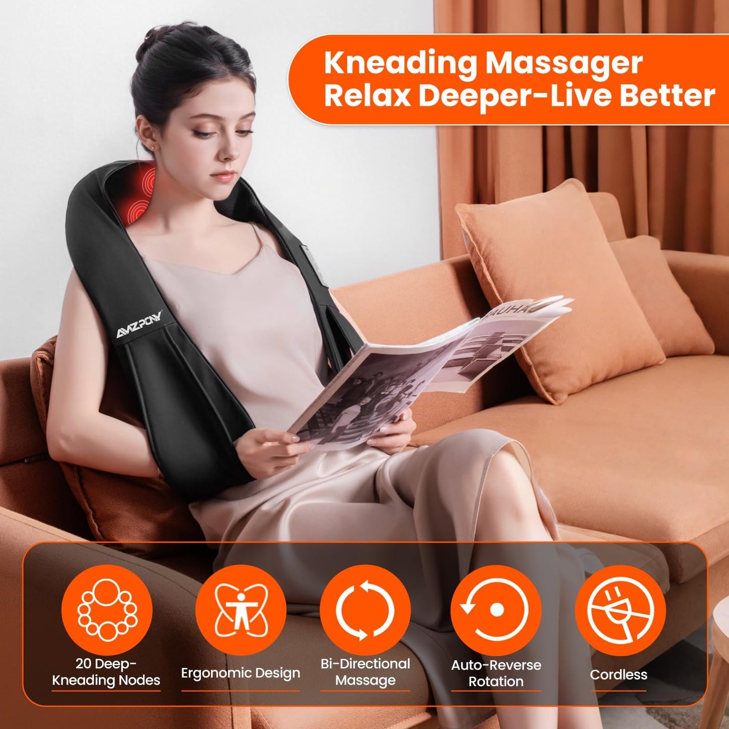AMZPONY® Cordless Neck Massager for Pain Relief Deep Tissue, Rechargeable Shiatsu Neck and Back Massager with Heat Kneading Shoulder Massage for Body Muscle Pain Relief,Gifts for Mom Dad Friends