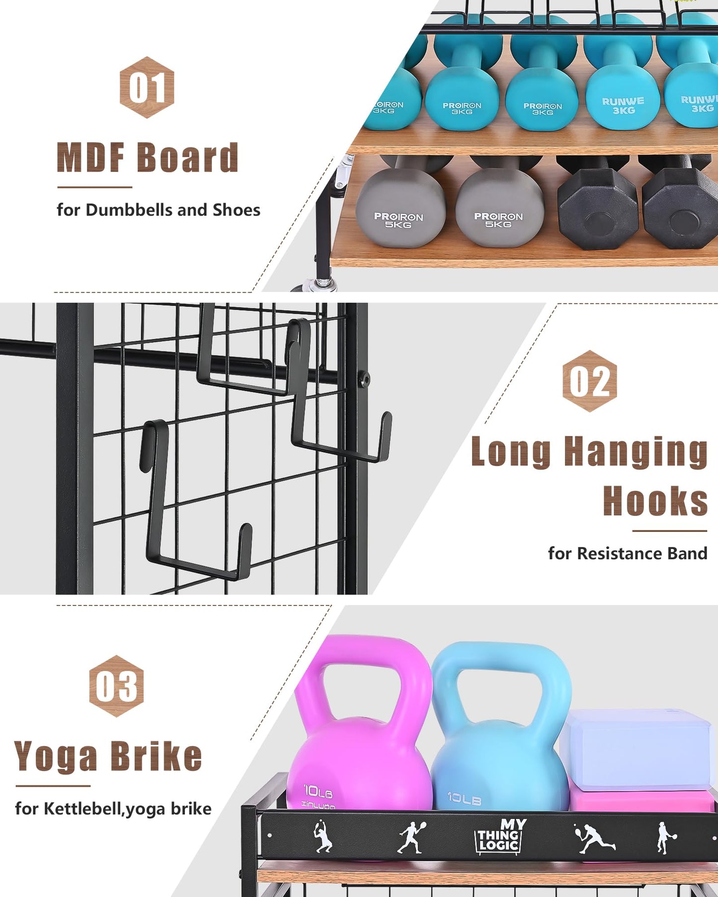 Mythinglogic Yoga Mat Storage Rack, Workout Equipment Organizer for Home Gym, Weight Rack for Dumbbells Kettlebells and Strength Training Equipment