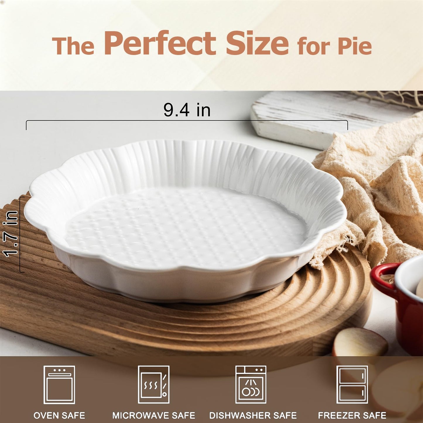 Cormomu Pie Pan for Baking 9 Inch, Ceramic Pie Dish, Non-Stick Round Baking Dish, Porcelain Plates with Ruffled Edge| Microwave, Dishwasher, and Oven Safe (2PCS)