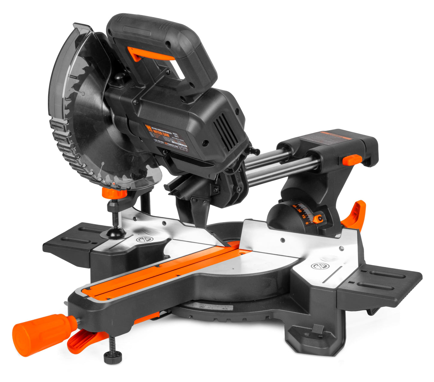 WEN 20V Max 7.25-Inch Cordless Sliding Miter Saw, Single Bevel and Brushless with LED Cutline Guide, 4.0Ah Lithium-Ion Battery and Charger (20672)