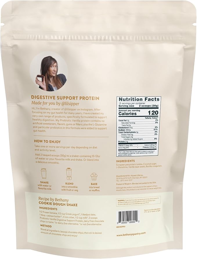 Nuzest Bethany's Pantry Digestive Support Protein - Probiotics for Digestive Health ??Clean Lean Protein - Premium Vegan Pea Protein Powder ??Plant Based - 20 Servings, 1 Pound (Pack of 1) - Vanilla