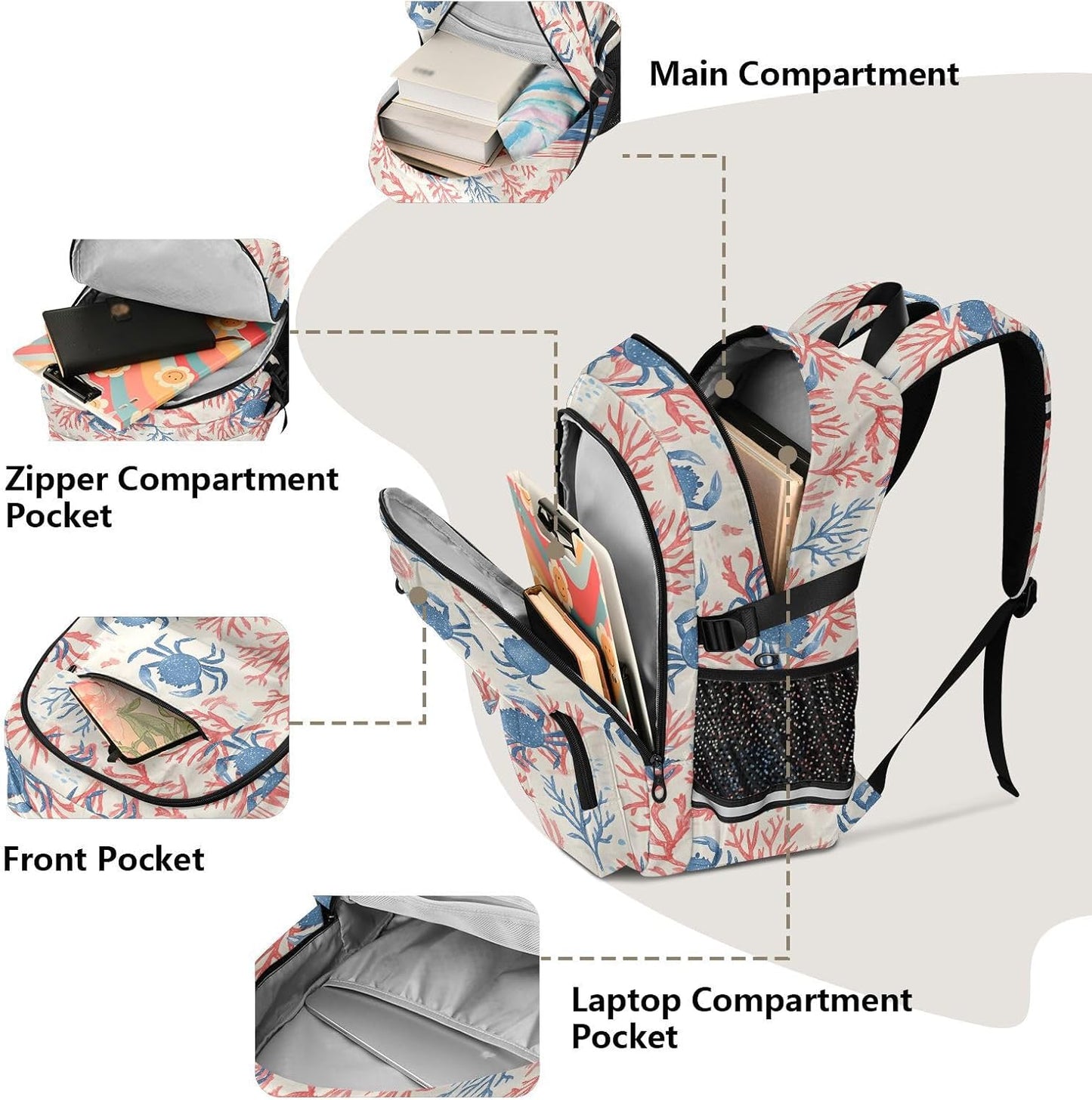 Backpack Backpack Daypack ALAZA School for Teen Girls Boys Ocean Crab Coral Kids Purse College Laptop Bookbag Casual