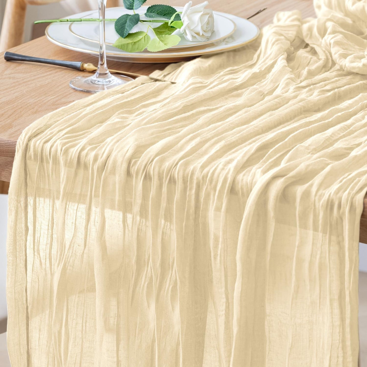 Skiennix Table Runner - 10FT Beige Boho Gauze Cheesecloth for Rustic Wedding & Party Decor