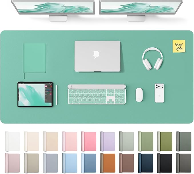 YSAGi Leather Desk Pad Protector, Office Desk Mat, Large Mouse Pad, Non-Slip PU Leather Desk Blotter, Laptop Desk Pad, Waterproof Desk Writing Pad for Office and Home (Green-Blue,55" x 24")
