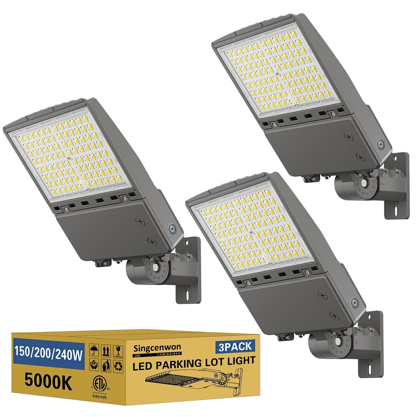 240W LED Parking Lot Light 3Pack: 150/200/240W Selectable, 38400LM 5000K Arm & Slip Fitter 2 in 1 Mount LED Pole Light, LED Shoebox Light Commercial LED Flood Light for Driveway Stadium Roadways, ETL