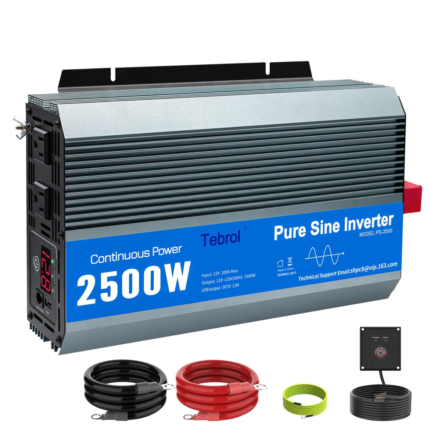 Tebrol 2500W Pure Sine Wave Inverter 12V DC to 120V AC Converter for Home, RV, Truck, Off-Grid Solar Power Inverter with Built-in 5V/2.1A USB, AC Hardwire Port, Remote Controller