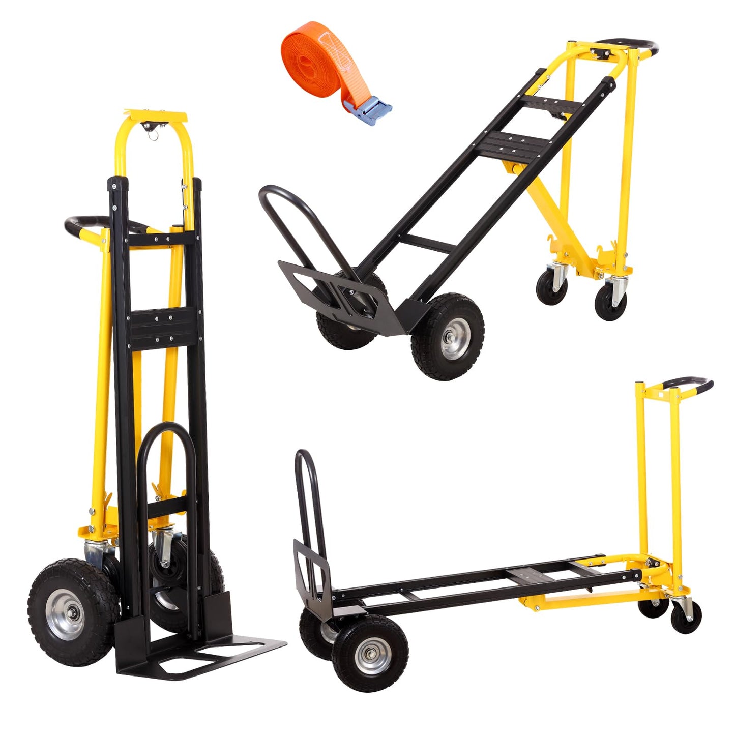 Convertible Hand Truck Dolly Cart,3-in-1 Industrial Aluminum Hand Truck,1000 Lbs Capacity Hand Trucks Heavy Duty Dolly Cart with Solid Wheels and Straps for Moving Transport (Black Yellow)