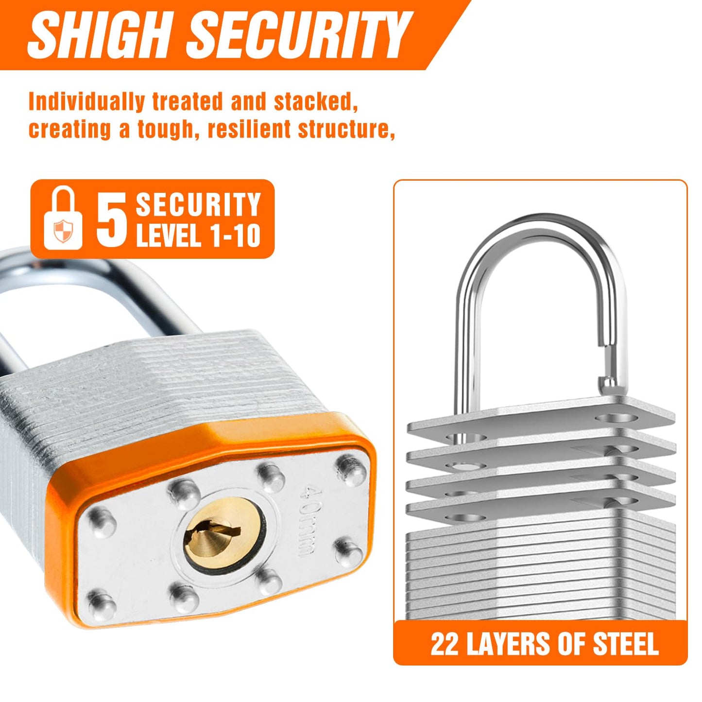 6Pcs Padlocks with Same Keys,Laminated Steel Orange Silver(1-9/16",40mm),Long Shackle for Sheds,Gates,Fences,Toolbox,Outdoor and Indoor Use