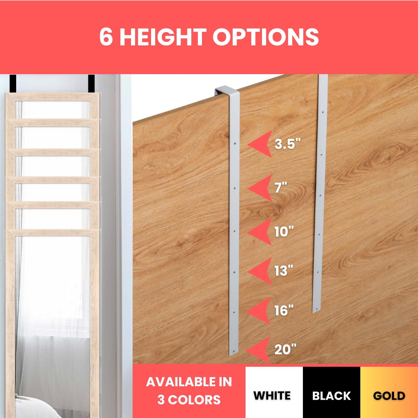 20'' Extra Long Heavy Duty Black Set 2 Mirror Brackets Patent Pending Over-The-Door Mirror Hanger: Door Mirrors Hanger Set Anti-Scratch Lining | Over The Doors Mirrors Hooks Adjustable Height