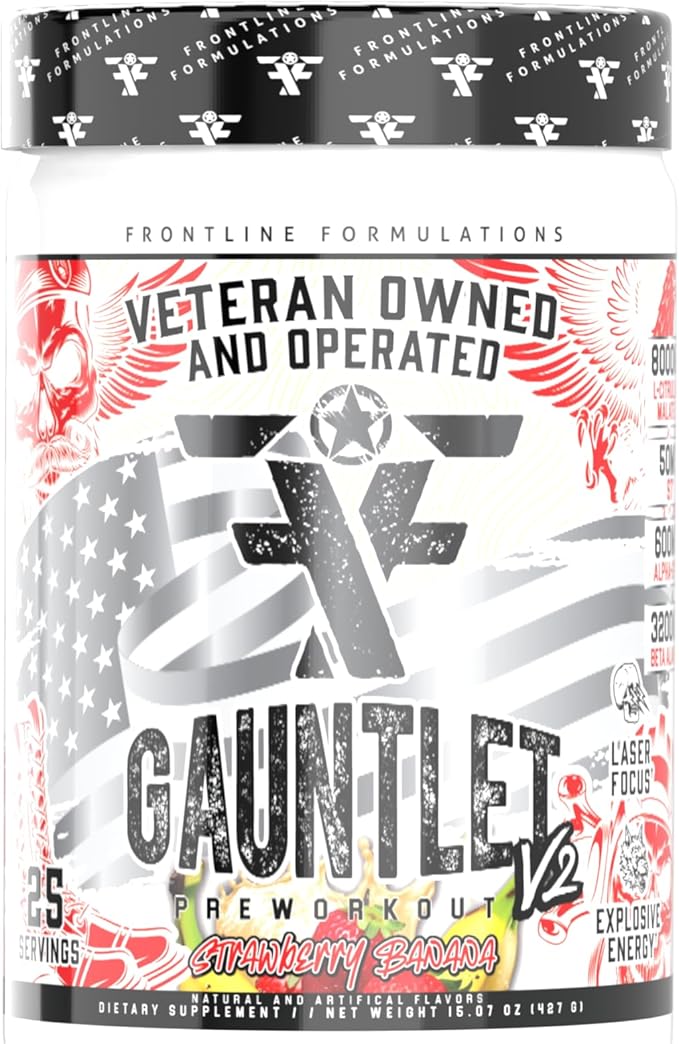 Gauntlet Pre-Workout Powder, Explosive Workouts, Laser Focus, Mid Stim, Amazing Flavor, Veteran Owned and Operated, Packaging May Vary (25 Servings, Strawberry Banana)