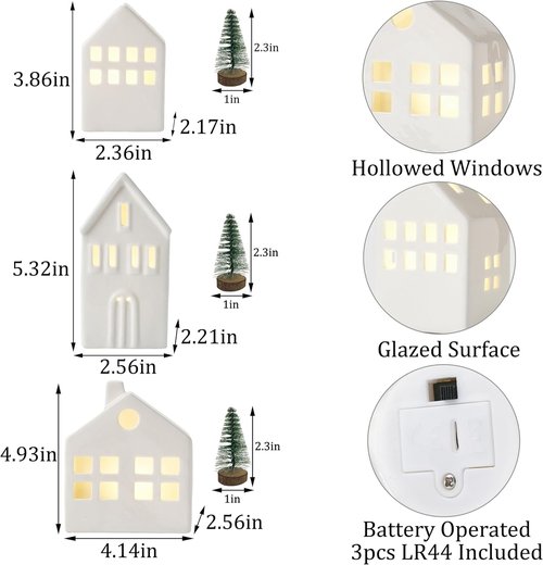 Ceramic Christmas Village Houses - 3-Piece Light-Up Set with Trees | Winter Holiday Home Decor