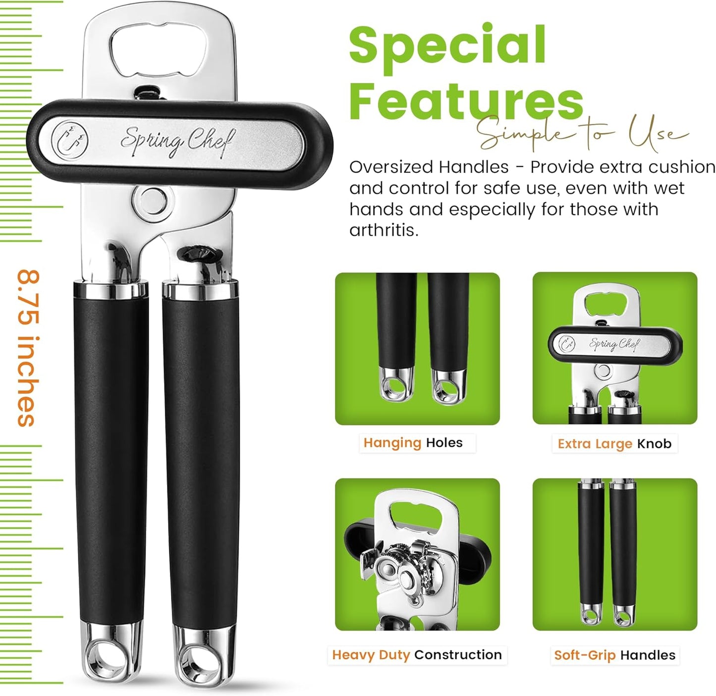 Spring Chef Stainless Steel Can Opener - Heavy Duty Manual with Soft Grip Handles & Magnetic Lid Remover - Black