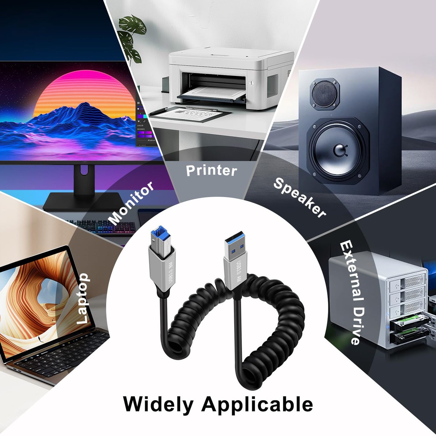 3.0 0.8 Coiled Printer Cable USB B to USB A Super USB Type A to B Male Cable for Scanner, External Hard Drives