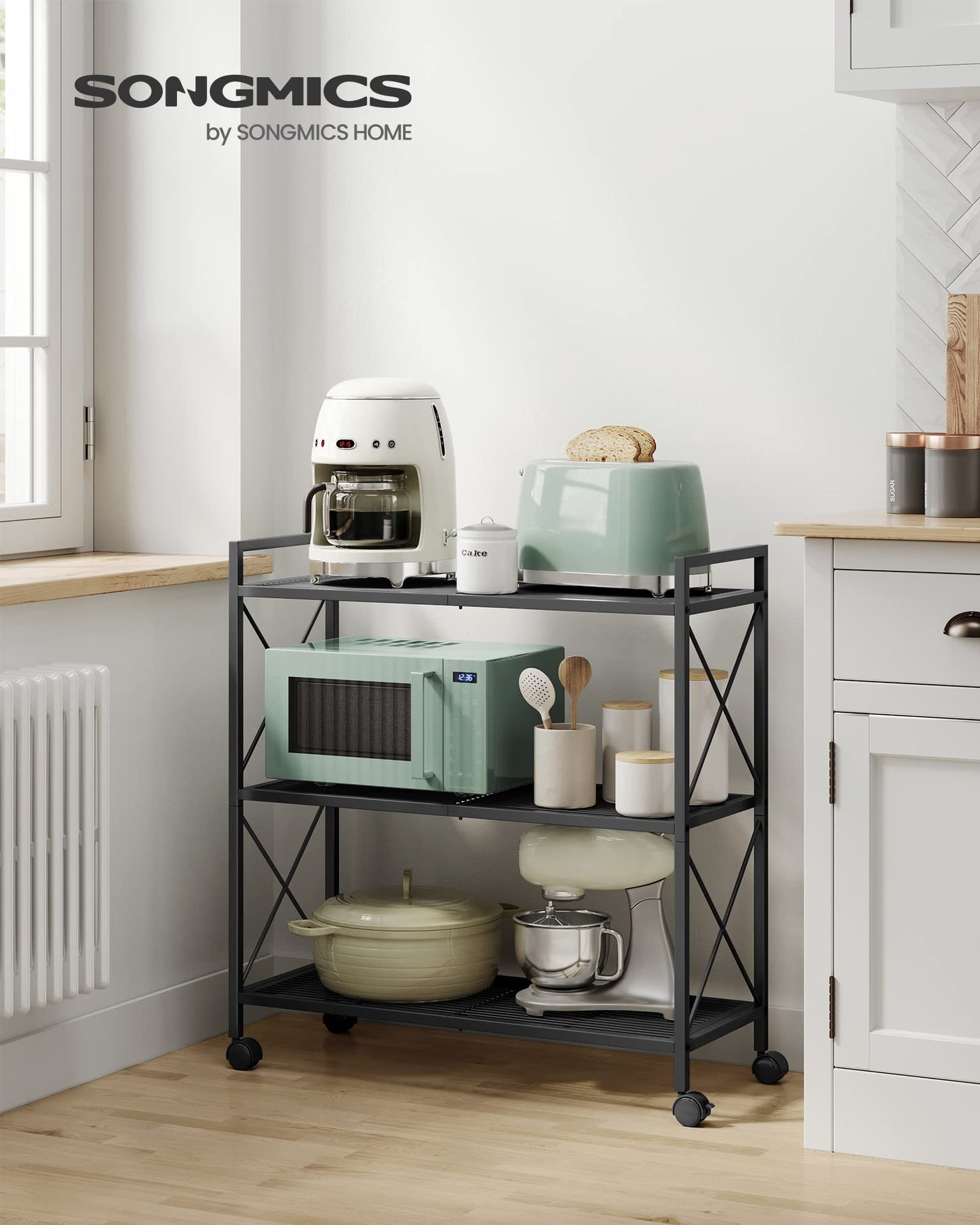 SONGMICS 3-Tier Metal Storage Rack with Wheels, Mesh Shelving Unit with X Side Frames, 31.5-Inch Width, for Entryway, Kitchen, Living Room, Bathroom, Industrial Style, Black UBSC183B01