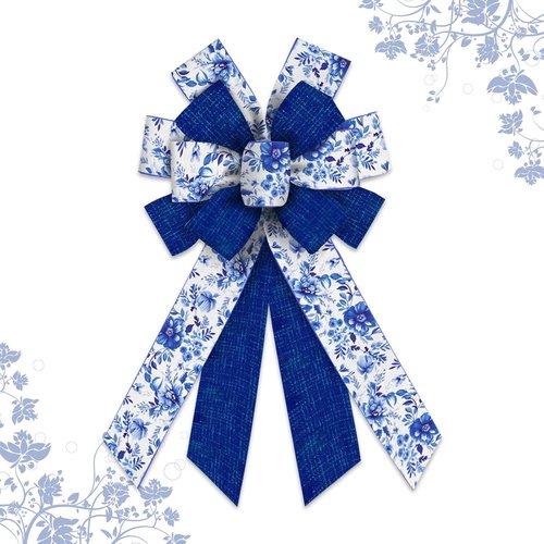 Chinoiserie Blue Bow by Large Spring - Wired Burlap Wreath Accent for Indoor/Outdoor Decor | 11.42x20.87 Inch