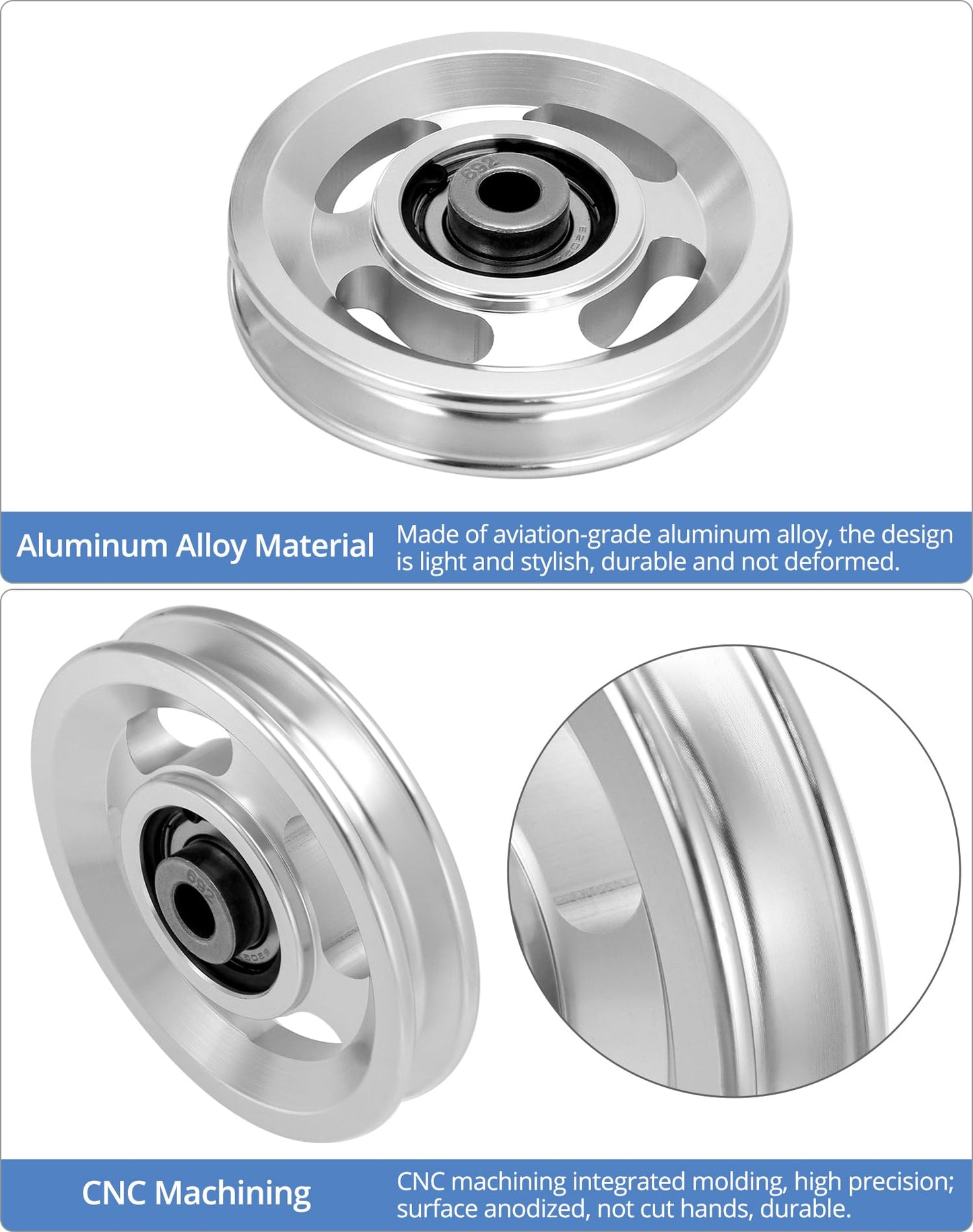 QWORK Universal Aluminium Alloy Bearing Pulley Wheel for Sports Fitness Equipment, 95mm Size, High Load Capacity 660 lbs, 2 Pieces