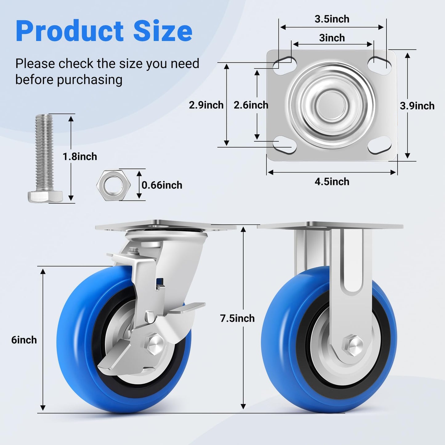 W B D WEIBIDA 6 Inch Heavy Duty Casters Set of 4, Smooth Rolling Caster Design for Cart Wheels, 4500 LBS Industrial Grade Castors with Upgraded Thickened Bracket, Durable Castors (2 Brake & 2 Rigid)