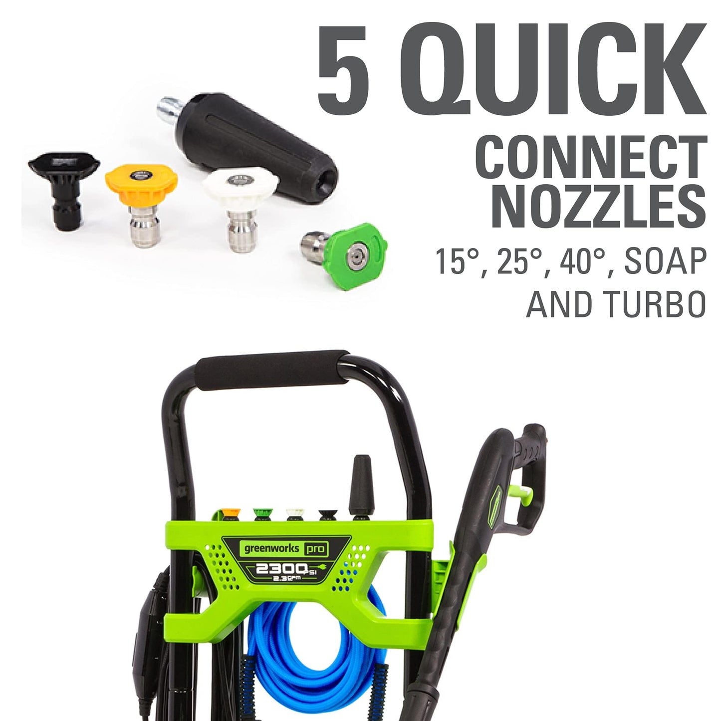 Greenworks 2300 PSI TruBrushless (2.3 GPM) Electric Pressure Washer, 25’ Hose, Quick Connect Wand, 15, 24, 40 Degree Soap and Turbo Nozzle