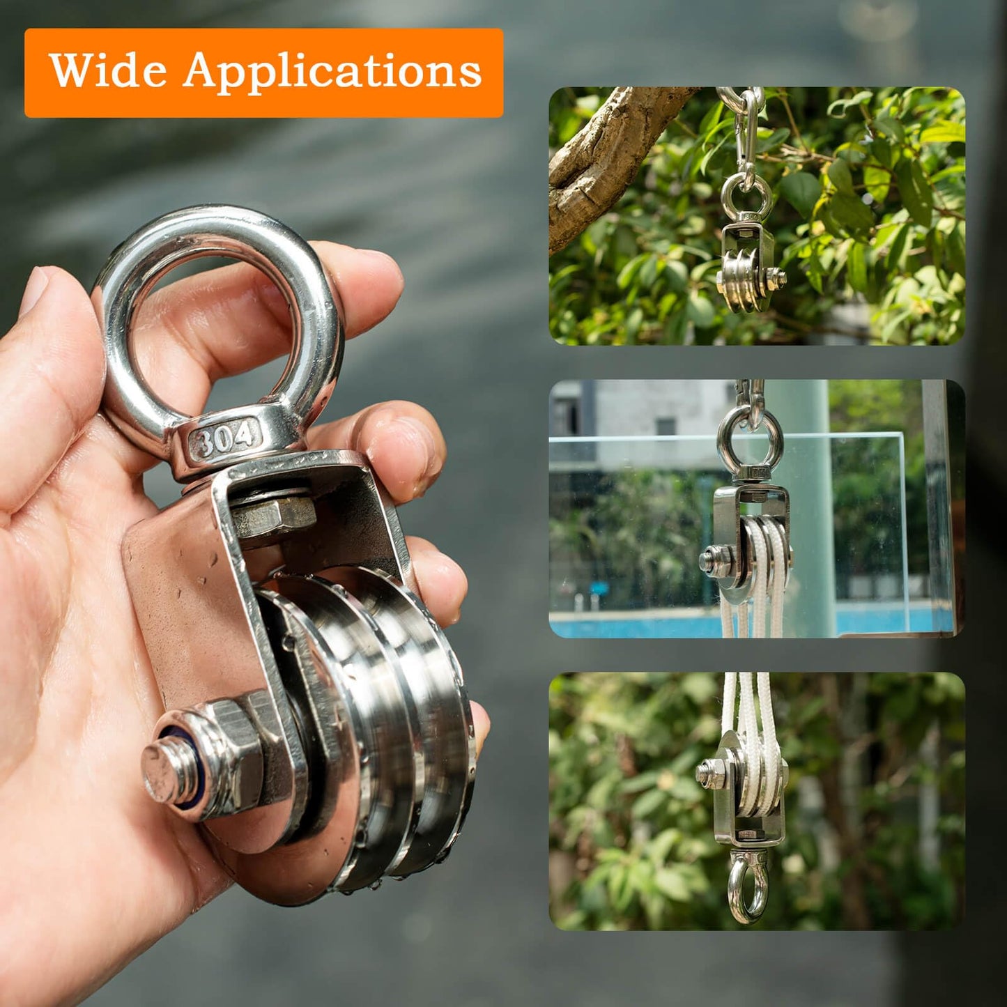 Hoist Pulley System Heavy Duty Stainless Steel, Snatch Swivel Block Double Pulley with 25m/8mm Rope, Bearing Inside, for Lifting, Kayak, Garage, Winch, Hunting, Loading 1100lb