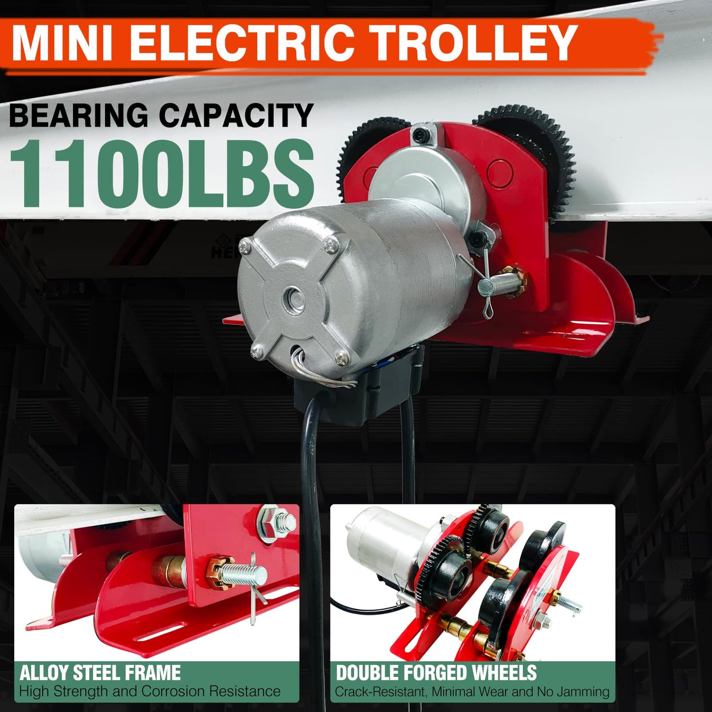 Dremvoist Electric Trolley for Power Hoist,Fit 2.68"-4.33" in I-Beam,0.5 Ton 1100 LBS Capacity,for PA200-PA500 Hoists Push Geared Overhead Crane Heavy Duty Wheels System,for Gantry Cranes,Warehouses