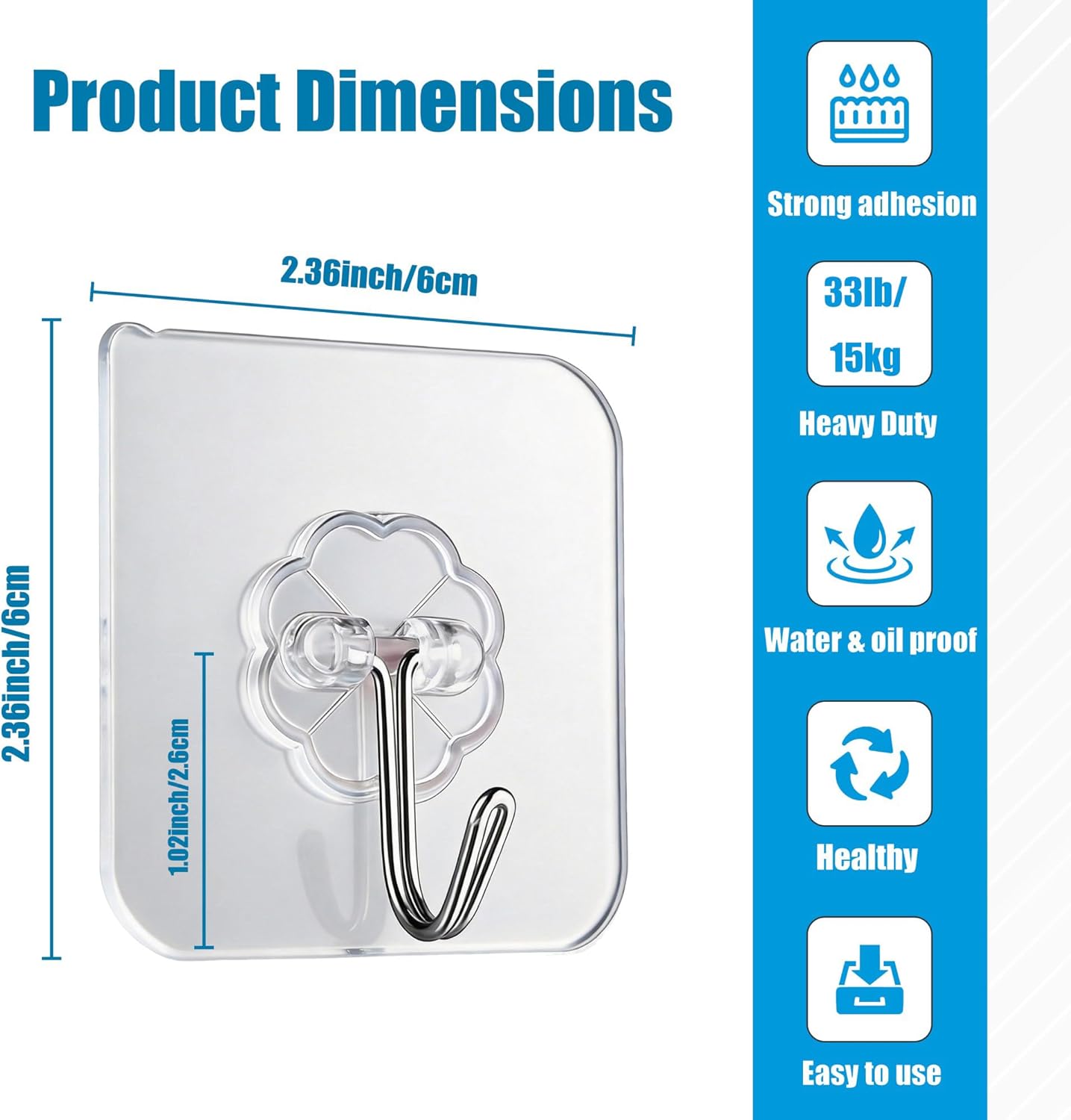 Skiennix Heavy Duty Self-Adhesive Wall Hooks - 33lb Max Capacity | Waterproof & Oilproof, No Drilling, 10 Pack