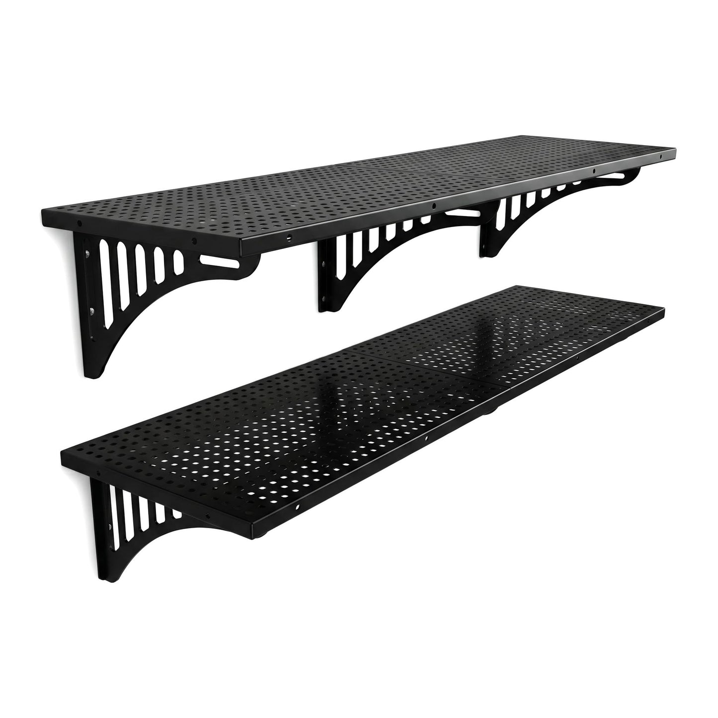bebeikim 4 Pack Garage Wall Shelving Heavy Duty - 1.4 x 4 Foot Wall Mounted Storage Shelves with Built-in Hooks, Floating Shelves for Garage Organization, Tool Storage Rack, Black Metal Shelving