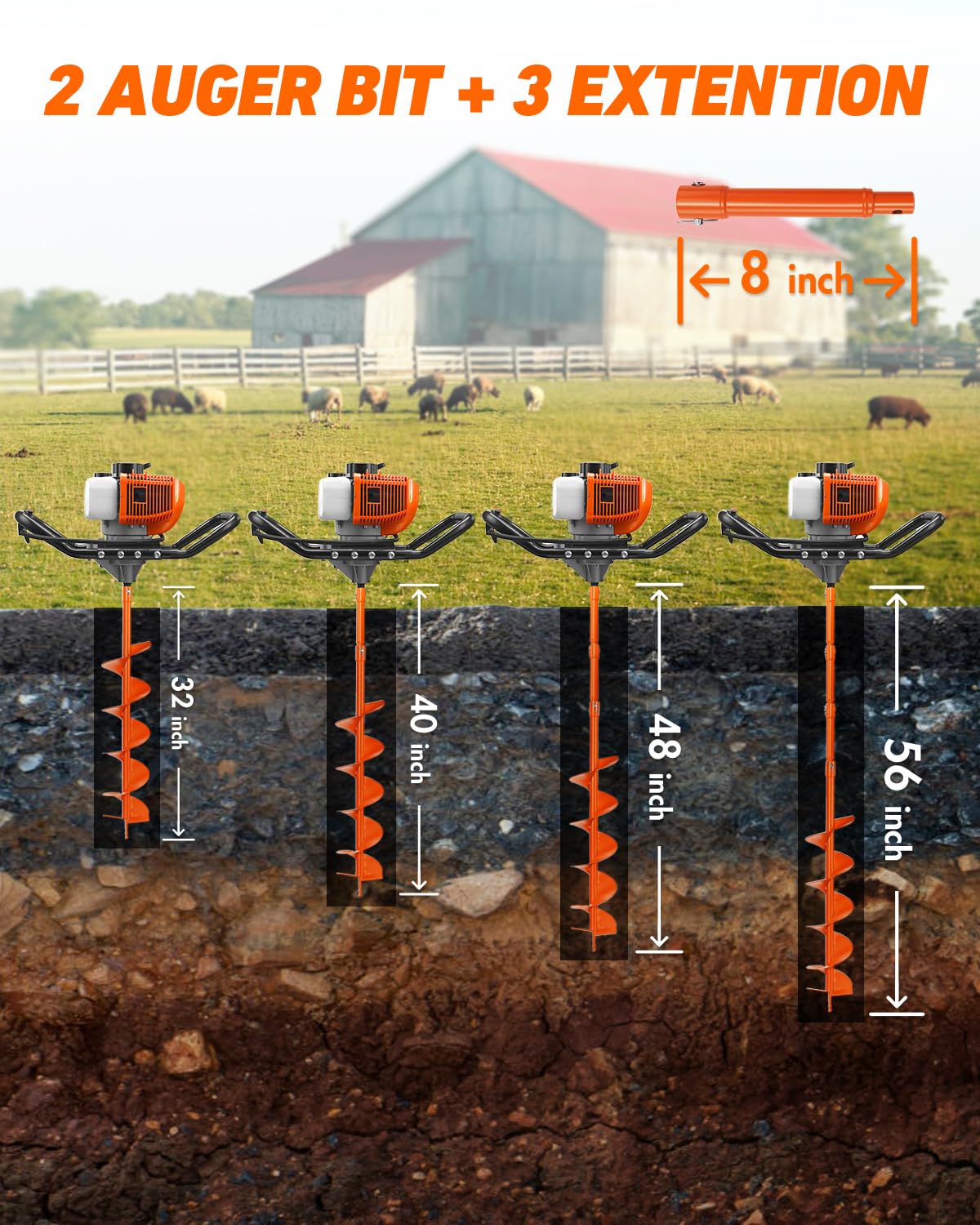 NEO-TEC 63CC Post Hole Digger Auger Drill Gas Powered 2-Stroke & 6" 10" Drill Bits + 3 Extension Bar, Earth Auger Petrol Drill Borer for Garden Lawn for Planting