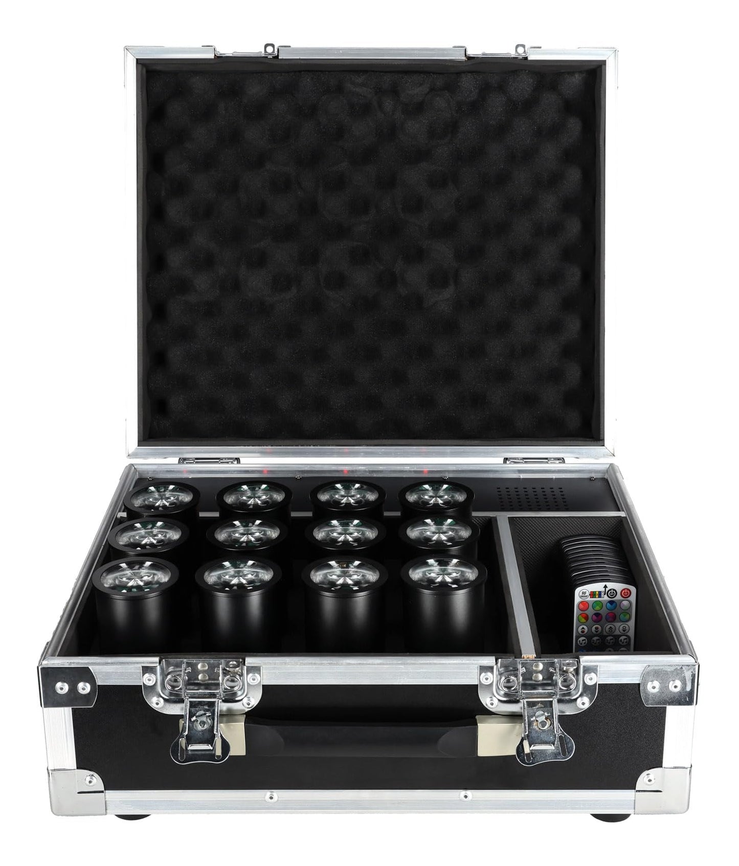 Rockville 12 Pack MINI Halo Black DJ Wash Effect Lights + Wireless Charging Case, Wireless DMX, 4 Group RF Remotes