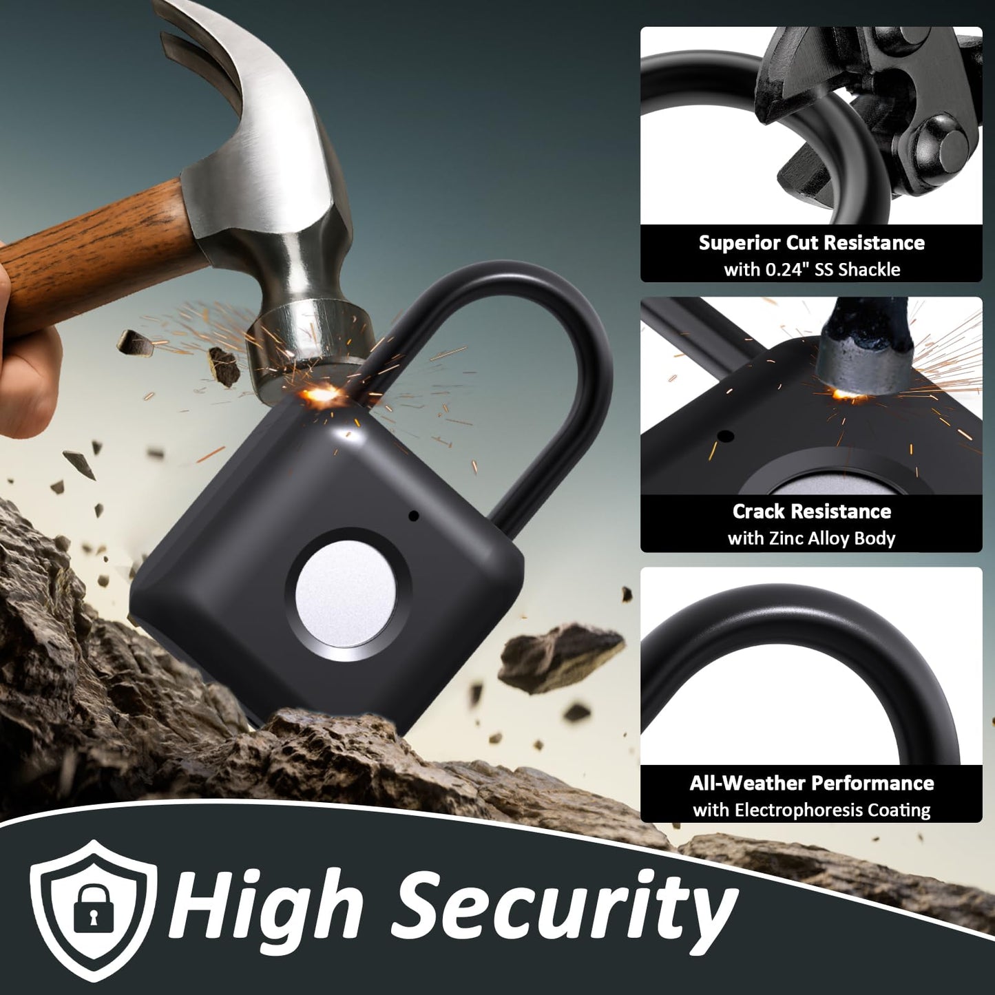 Pothunder Fingerprint Padlock, Smart Padlock, Locker Lock, Combination Lock, Fingerprint Lock with APP Unlock, USB Rechargeable, Suitable for Gym Locker, Door, Locker(Black)