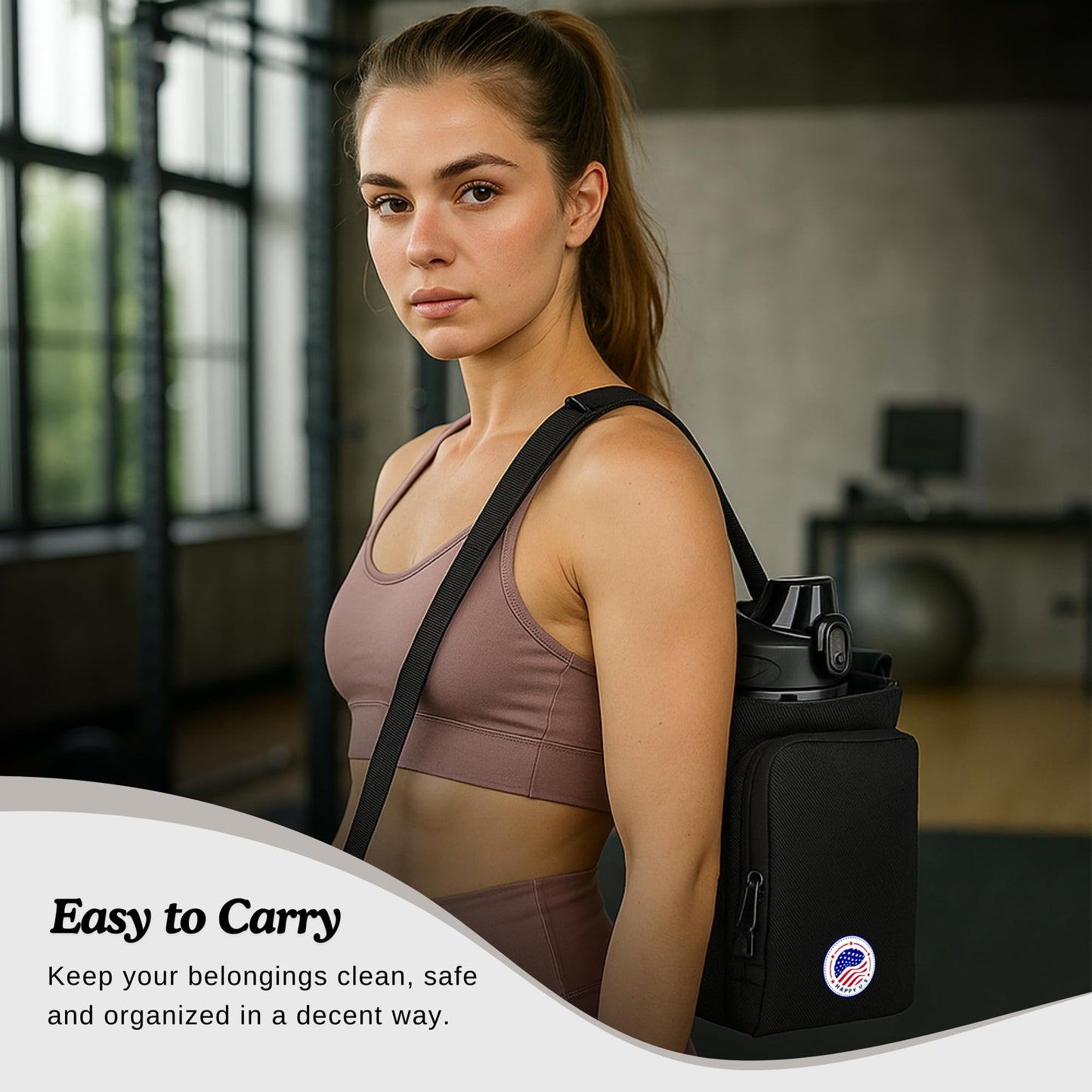 Happy U.S Magnetic Gym Bag - Water Bottle Holder with Strap for Men and Women - Magnetic Sling Carrier with Phone Pocket and SBS Zipper - Fits 40oz Bottles