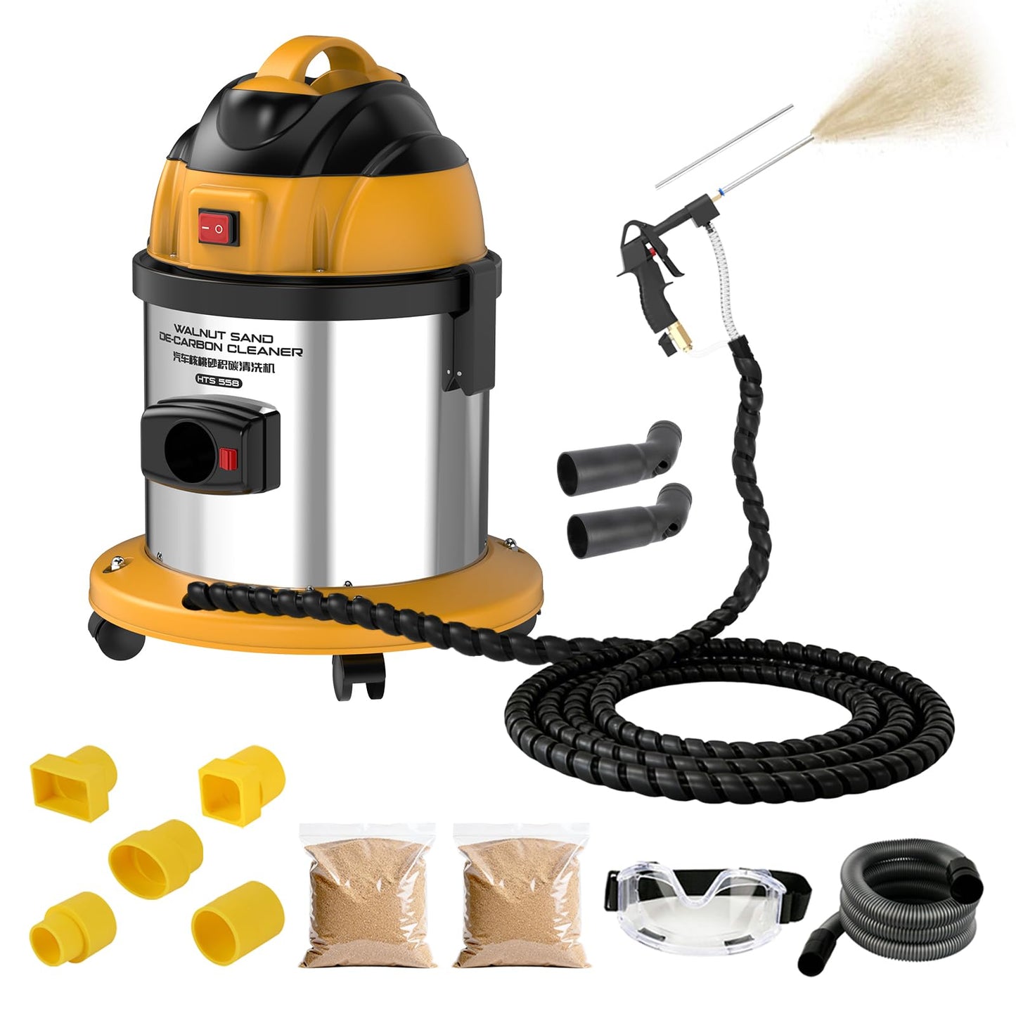 Walnut Blaster Kit for Carbon Cleaning with 2kg Walnut Sand Blaster Machine HTS558 Engine Intake Valve Cleaning Kit 1200W Automotive Engine Carbon Remover with 8.9Ft Sandblasting Hose,5 Adapters