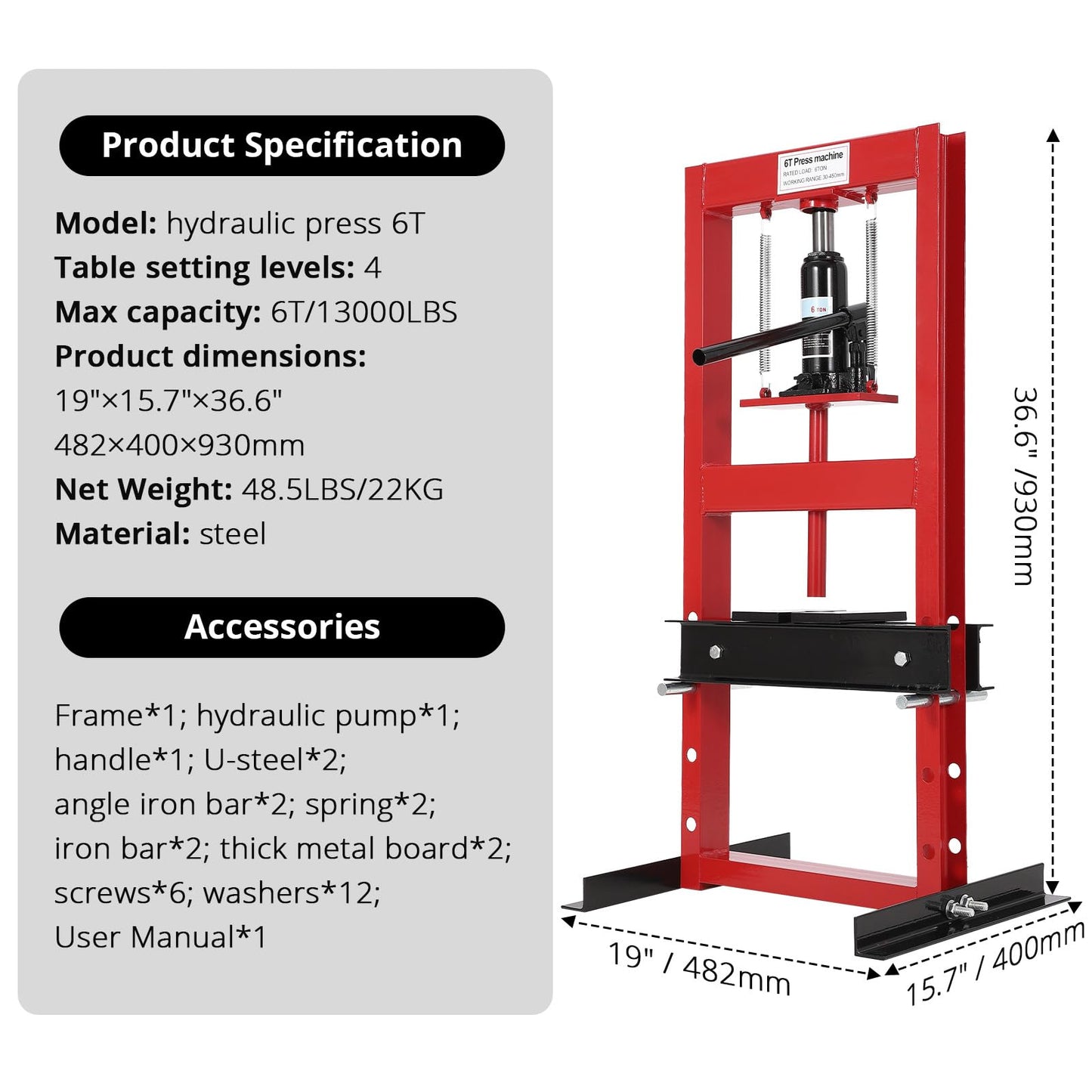 6-Ton H-Frame Hydraulic Press with Adjustable Table & 2 Press Plates, Heavy-Duty Shop Press for u-Joints, Metal Bending, and Garage Repairs