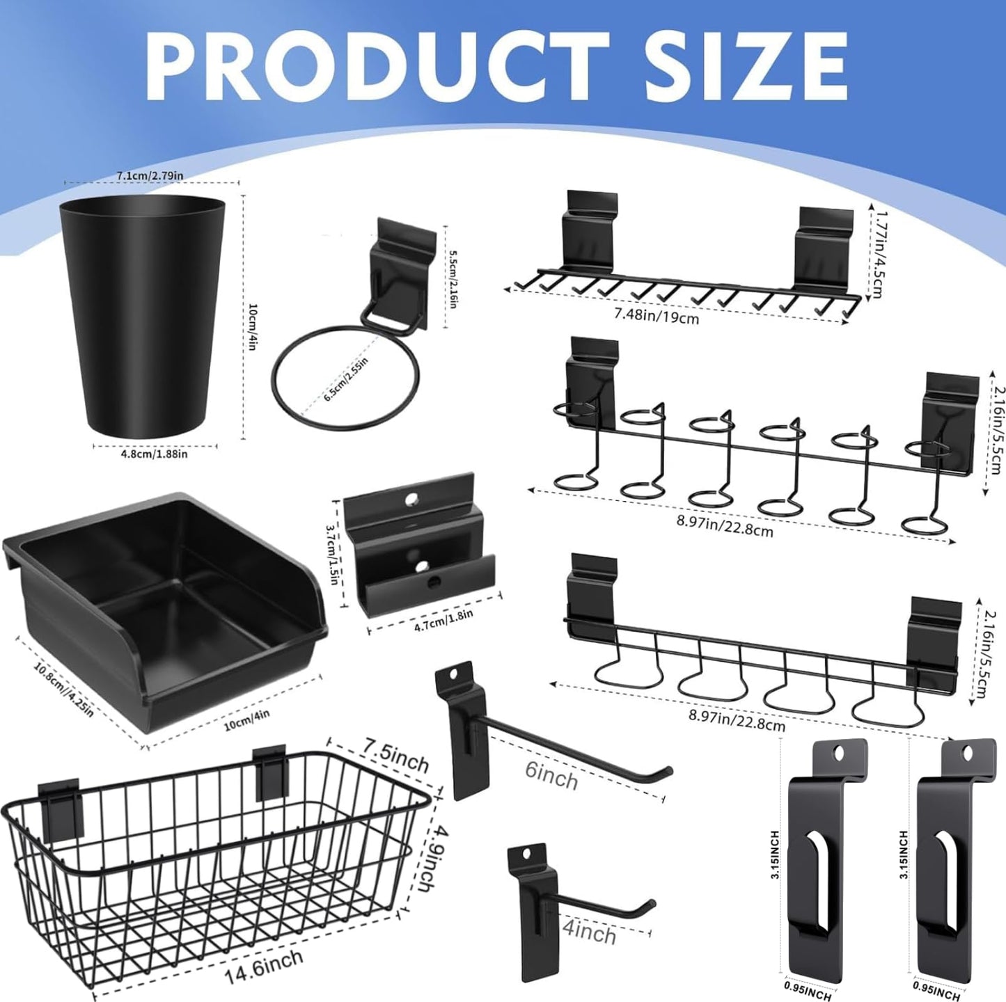BeapTcely 43 Pc Slatwall Organizer Kit with Hooks, Shelves, Baskets, Bins, Cups, Screwdriver Holder for Tool Organization (Black)