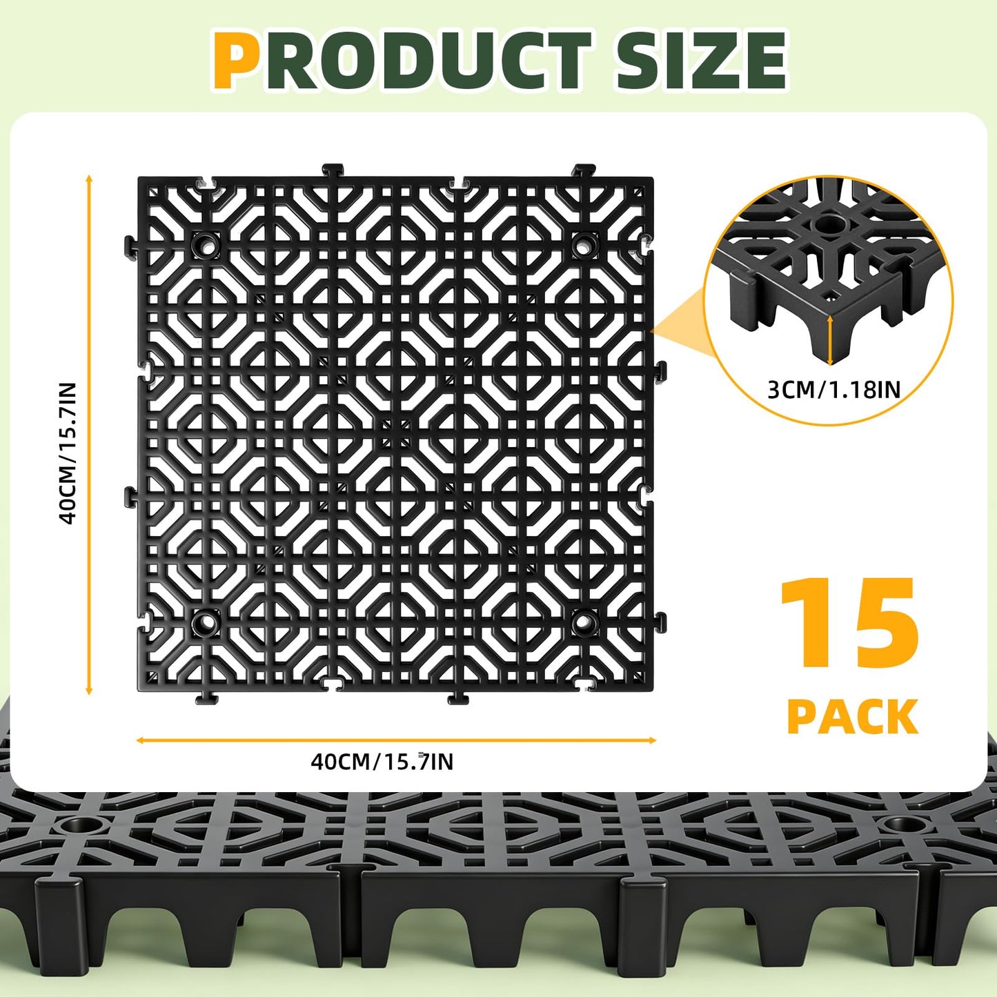 15PCS 15.7 x 15.7in Heavy Duty Ground Protection Mats Drive on Lawn Grates Grid Parking Pavers,Drain Interlocking Non-Slip Floor Mat,6613 lb Load for Gravel Grid Rv Parking Pad Permeable Pavers-Black