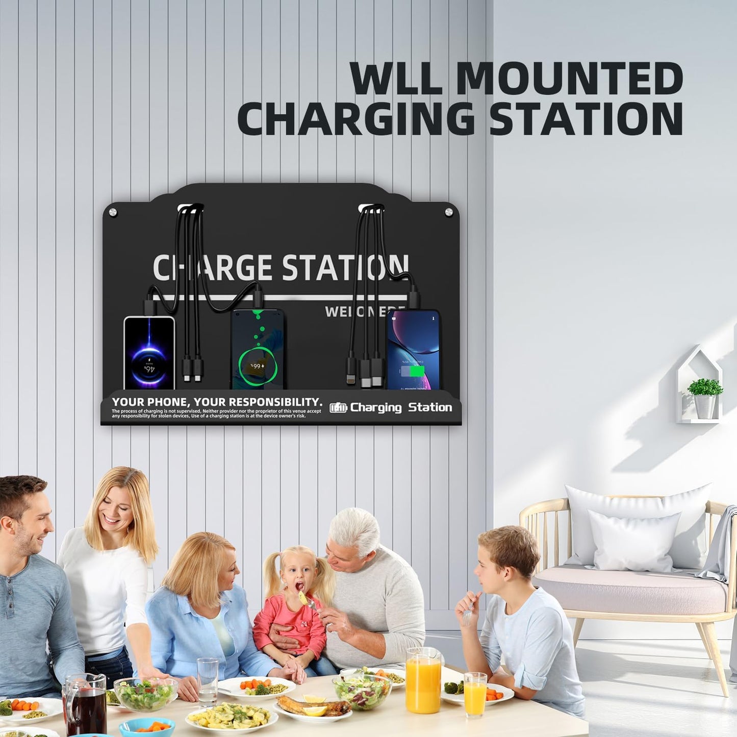 Wall Mounted Cell Phone Charging Station Mobile Phone Charging Station | Fast Charging 8 Device | Compatible with iphone ipad Smartphone Tablets Port | Great for Offices Hotel Hospital Airport (Black)