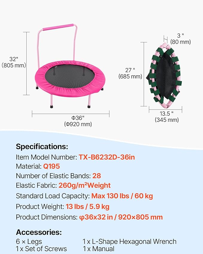 VEVOR 3FT Trampoline 36" Indoor/Outdoor for Toddlers, Foldable Mini Baby With Foam Handle, Recreational Birthday Gift