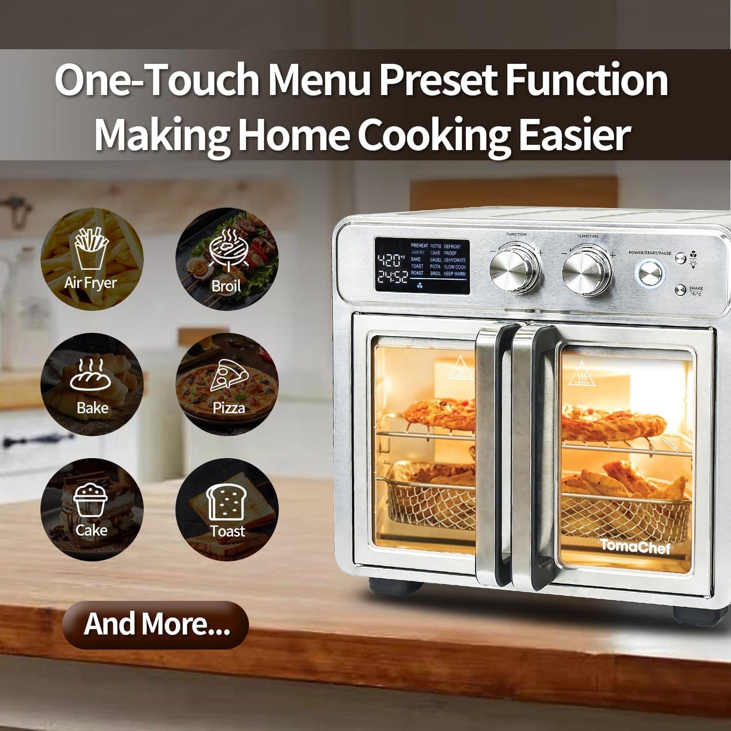 TomaChef 26QT French Door Air Fryer Toaster Oven Combo, 15 Cooking Functions including Rotisserie, and Digital Controls, 30 Recipes & 5 Accessories, Stainless Steel Finish