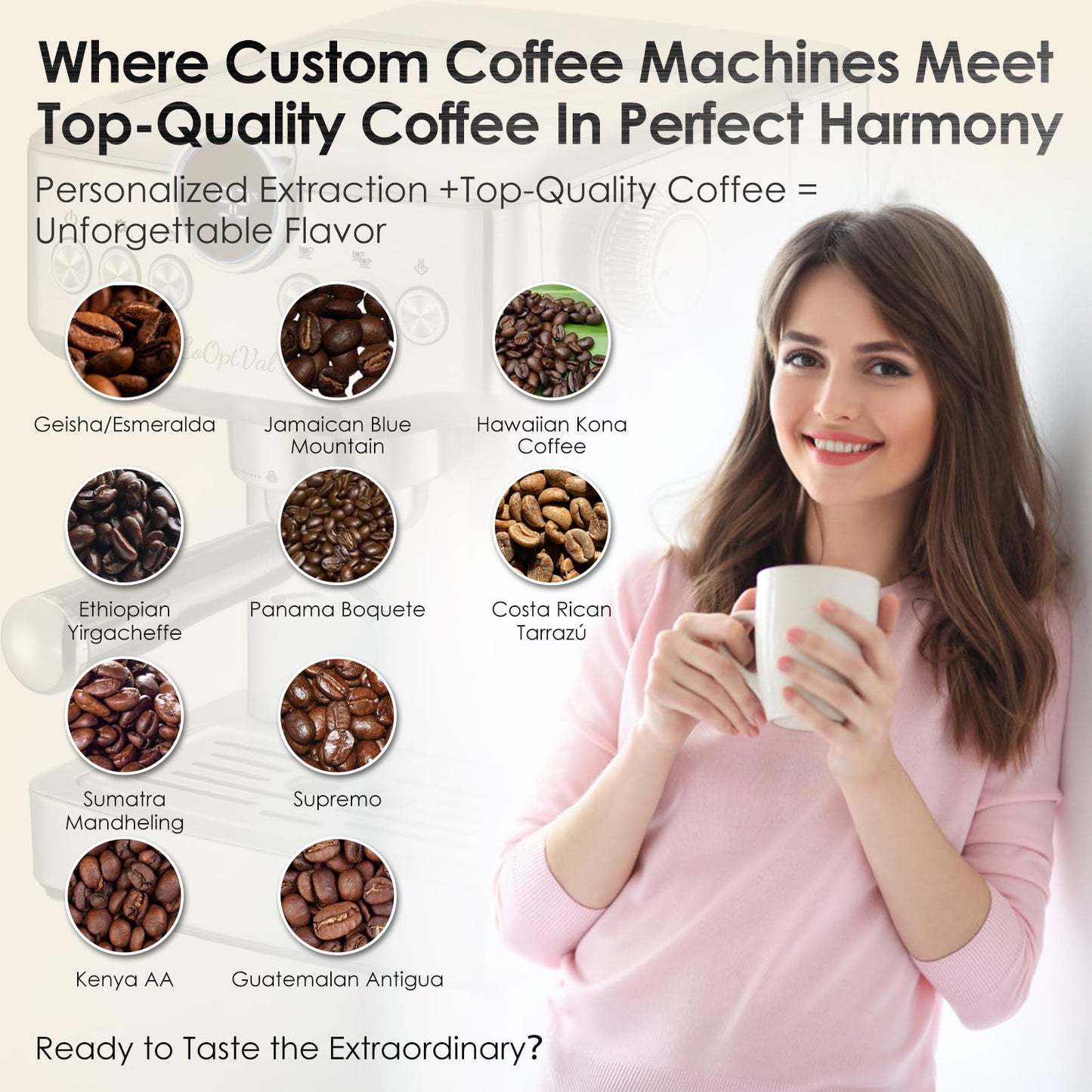 CoOptVal 20-Bar Espresso Machine & Cafetera Espresso – Fully Customizable Brewing (Temperature, Time, Volume, Steam) – Steam Wand & Milk Frother, Stainless Steel – Latte Machine & Cappuccino Machine
