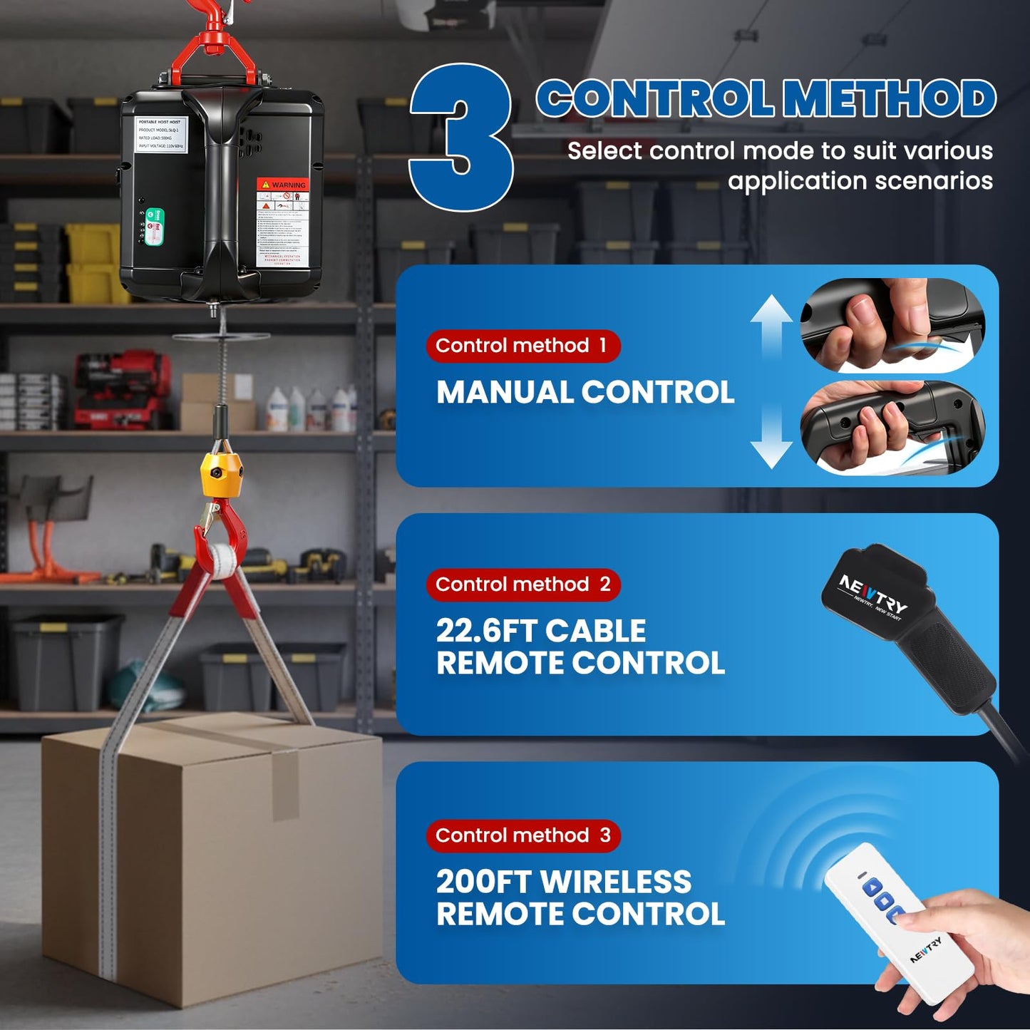 NEWTRY 3 in 1 Electric Hoist Winch 1,100lb Wireless Remote Control, Cable Remote Control, 110/120 Volt Portable Power Electric Hoist, Vertically & Horizontally, Lift 16ft/min