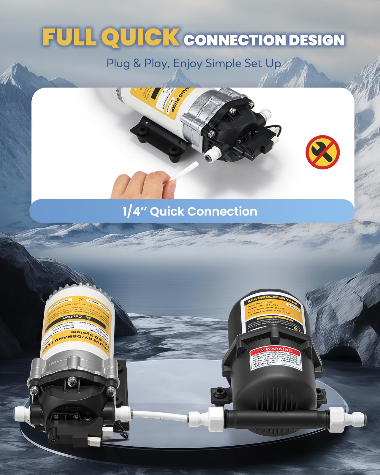 Moonshan RO Delivery Demand Pump with Pressurized Accumulator Tank 110V Quiet Water Booster Pump for RO Delivery System 1/4’’ Quick Connection (5800)