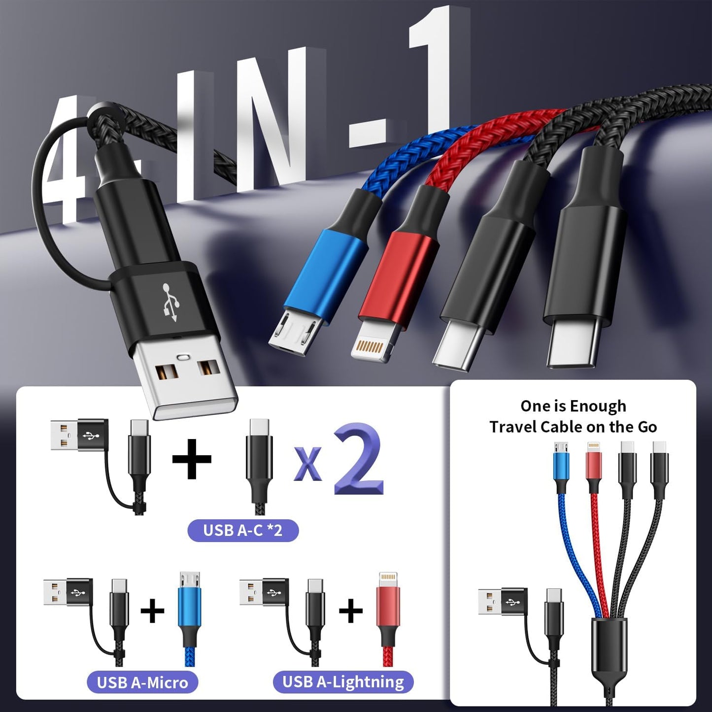 4 2 iPhone17-12/Androids/Pad Charger(2Pcs, 5FT) Dual Type-C Ports in Multi Charging Cable, Travel Cruise Essentials
