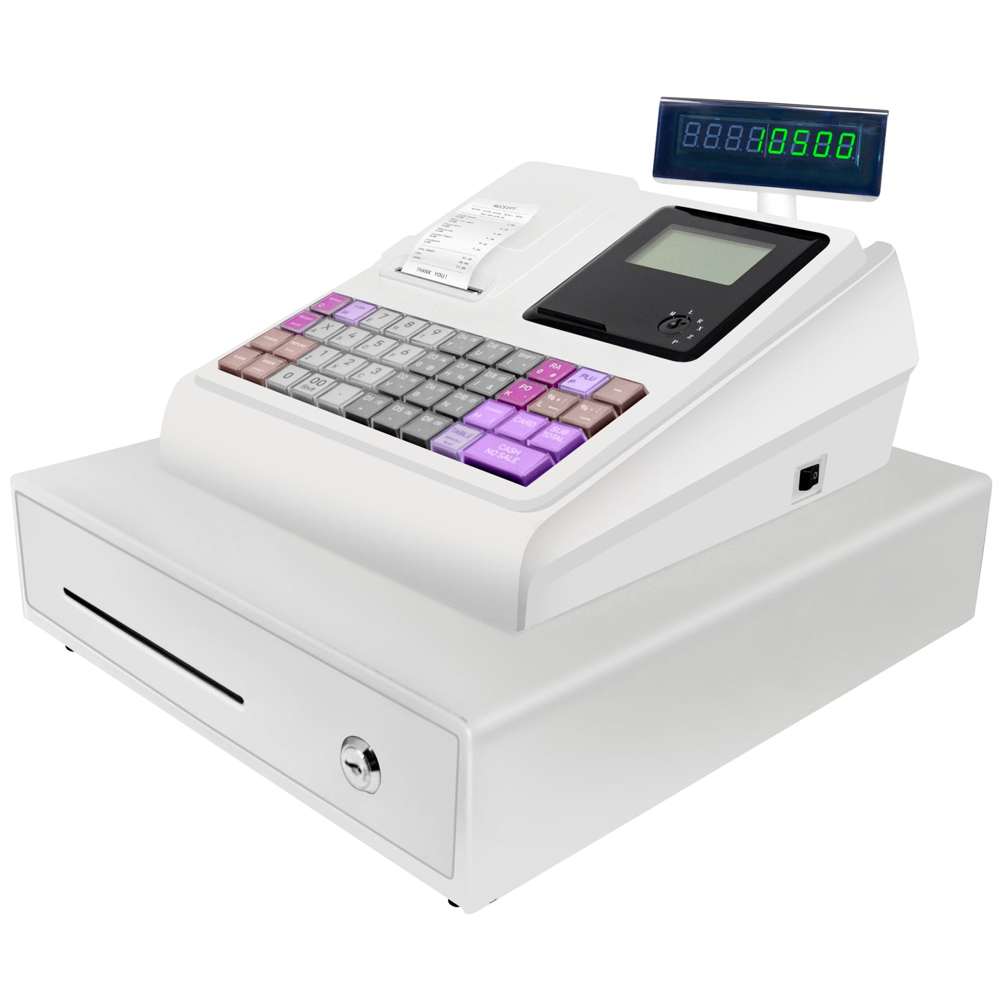 Electronic Cash Register with Cash and Coin Drawer, Quick Load Thermal Printer, 50 Dept 50 Clerks, 4700 Lookups, White