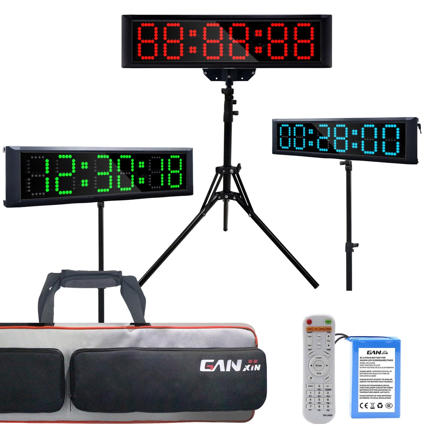 GAN XIN Large LED Display Digital Race Timer Clock with Tripod,Battery,Remote Control,Function-Countdown/Up/Time Clock,for Sports Events, Races, Meetings, Presentations (Non-Waterproof +RGB)