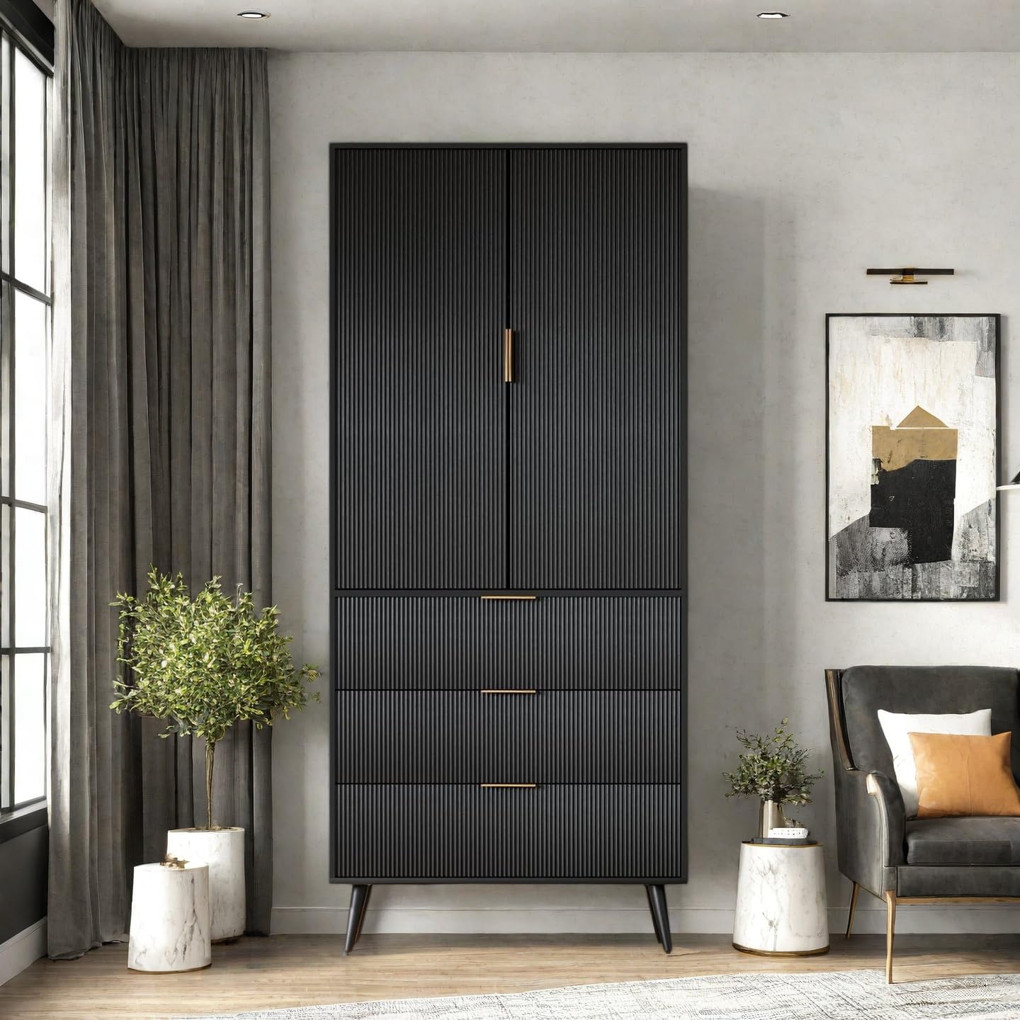 Topcomfy Tall Fluted Cabinet, Kitchen Pantry Cabinet with 2 Doors & Adjustable Shelves, Mid Century Modern Cabinet for Living Room, Dining Room, Entryway, Office, Black
