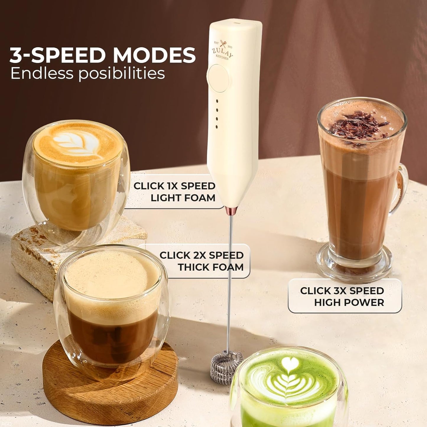 Zulay Kitchen Rechargeable Milk Frother - 3 Speeds & 3 Whisk Attachments - USB Charging for Lattes & Cappuccinos - Cream Copper