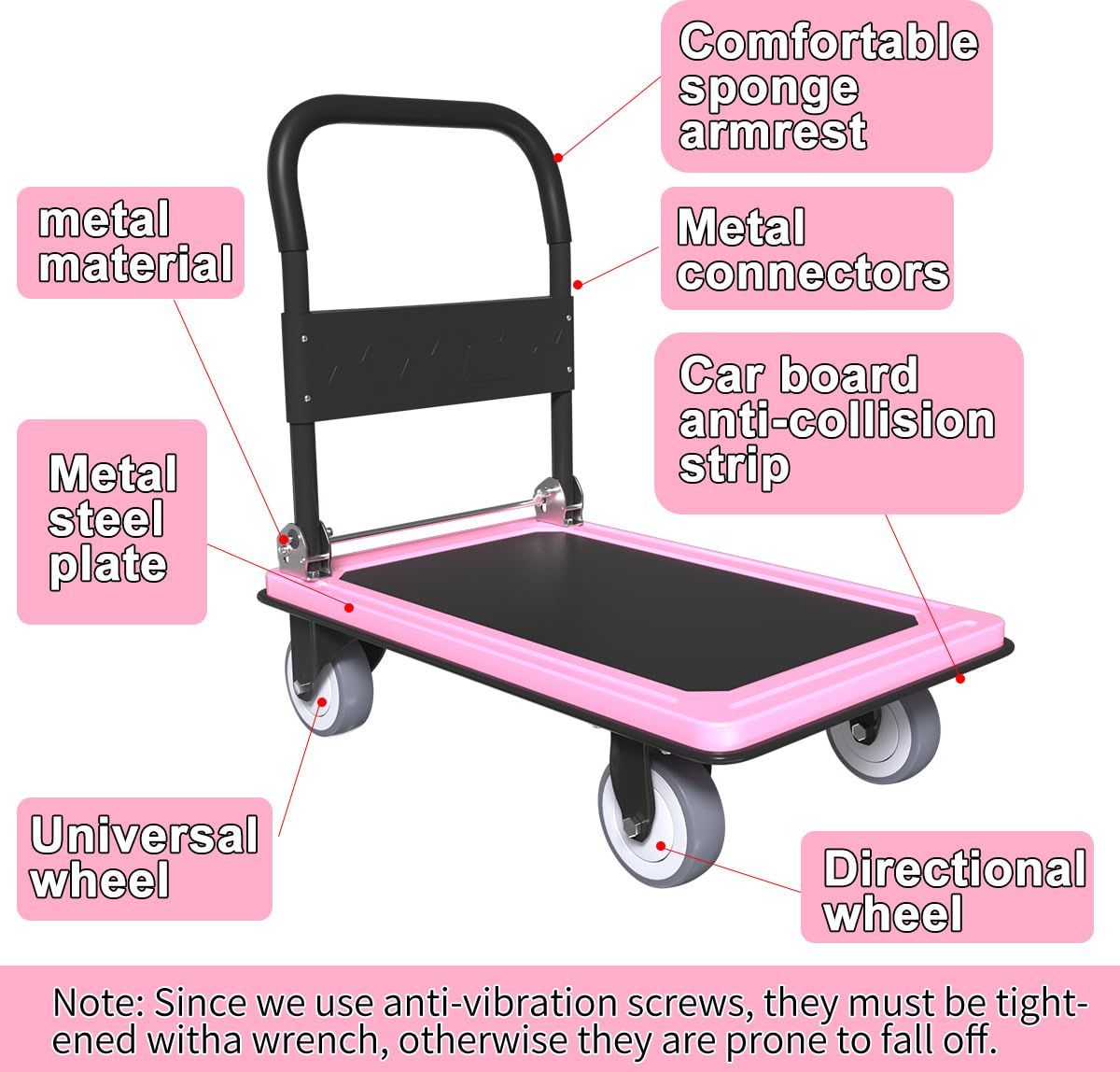 WUD Push Cart, Folding Mobile Platform Trolley,Thickened and Reinforced, 360° Swivel Wheels,35.4 “L x 23.6 ”W, 1100 lb. Pink Dolly cart with Wheels (Pink, Large)