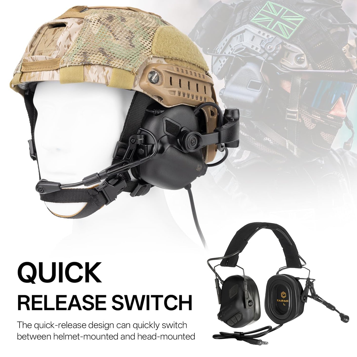 OPSMEN Upgrade EARMOR M32X PLUS Military Headset with MIC, Nato TP120 & U-174 Connector and ARC Rail Helmet Adapters, Ear Muffs for Noise Reduction with 5X Sound Amplification