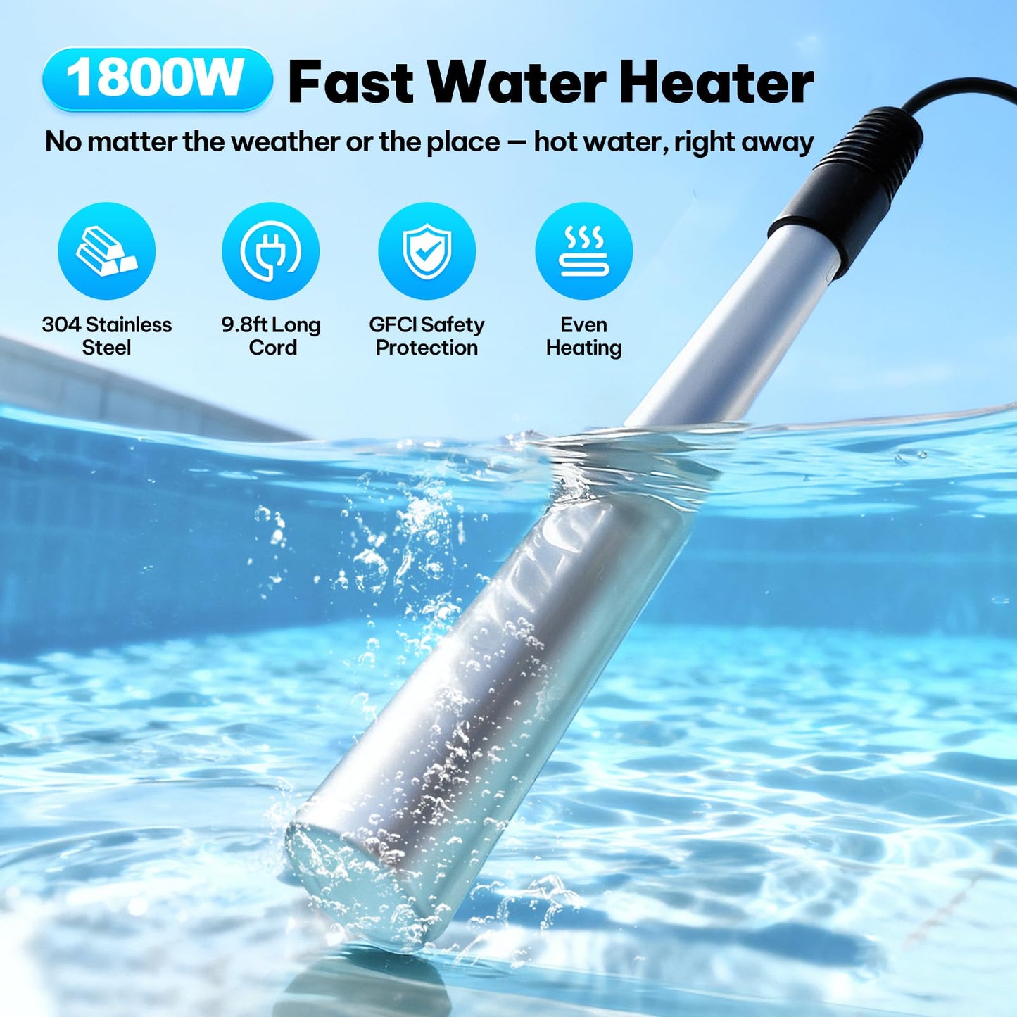 1800w Immersion Heater,Portable Bathtub Heater with GFCI& Thermostat, Digital Temp Control, Fast Heating Stainless Steel Submersible Water Heater for Small Pools,Spa,Bathtubs, Buckets,Tank,Outdoor