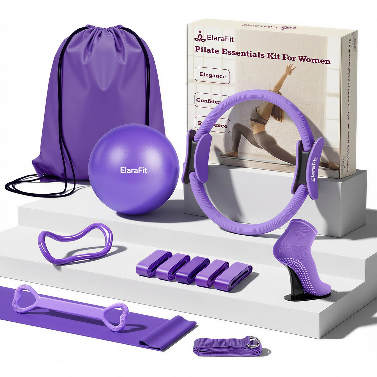 ElaraFit 13 Piece Pilates Kit for Women, Home Pilates Ring and Ball Set with 5 Resistance Bands, Stretch Strap, Arm Exerciser, Grip Socks, Storage Bag and Workout Guide, 13 Inch Magic Circle, Purple