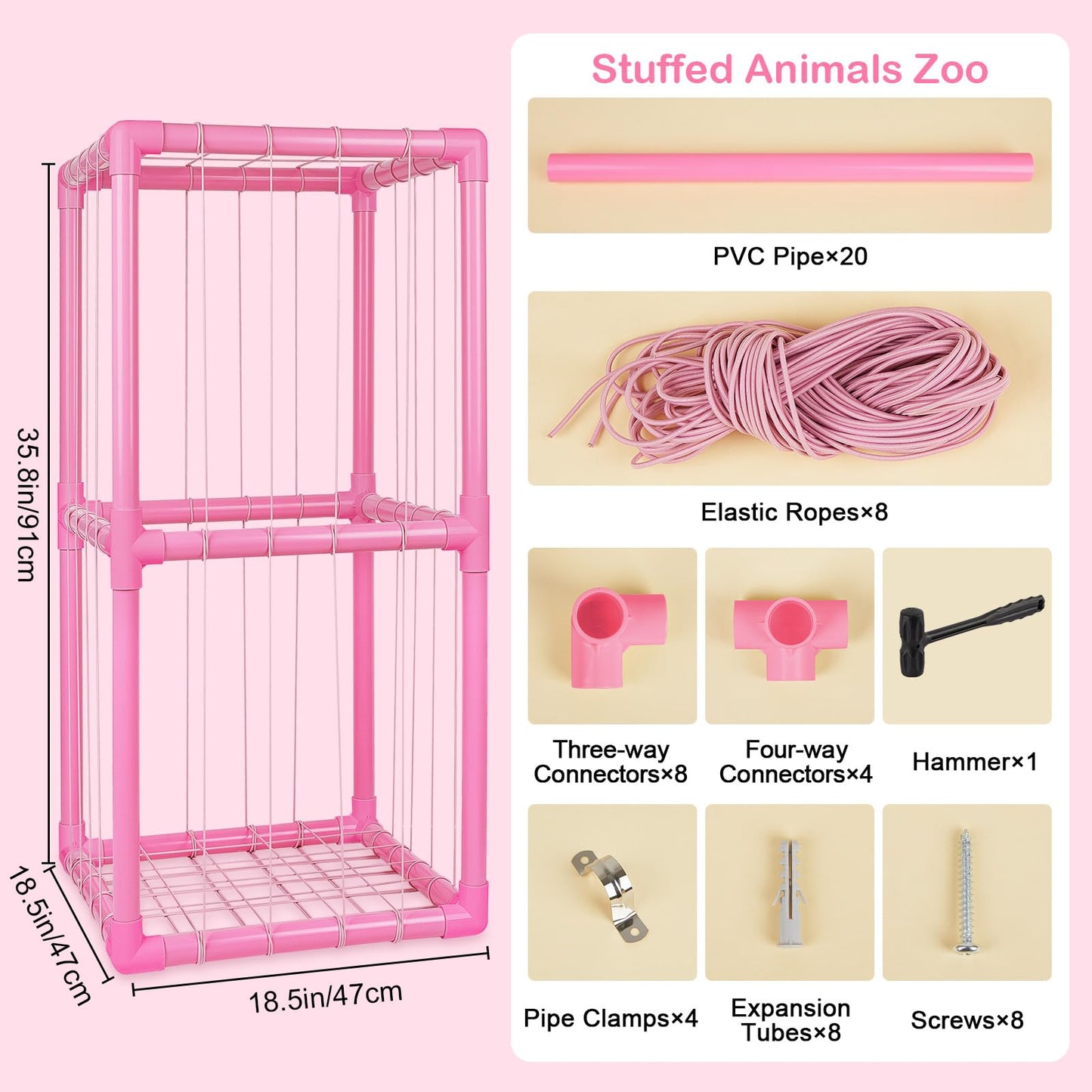 Unicorn Castle Stuffed Animals Storage Organizer with Thicken PVC Tubes Elastic Band Space Save Vertical Plushies Storage Stuffed Animals Zoo Cage for Kids,Pink